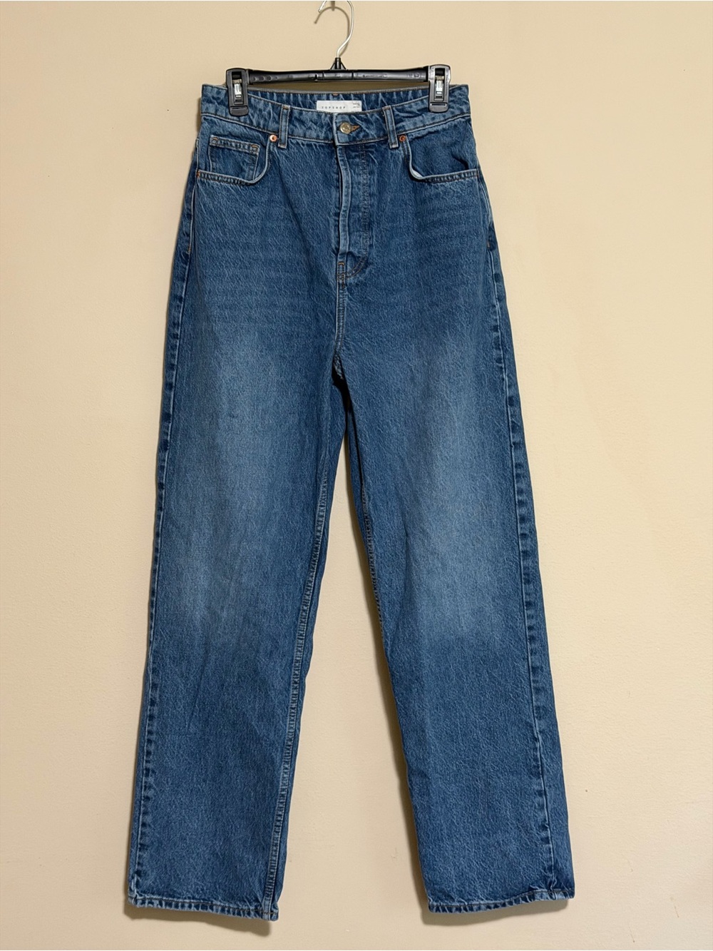 Topshop High-Rise Straight Jeans in Medium Blue